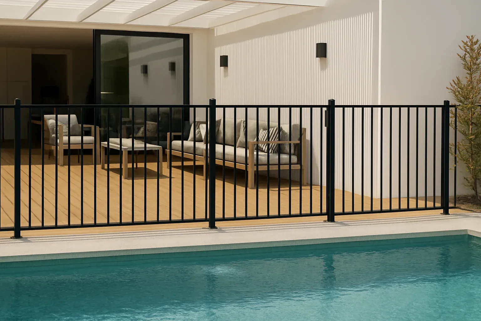 Tubular steel pool fencing near a swimming pool in Perth